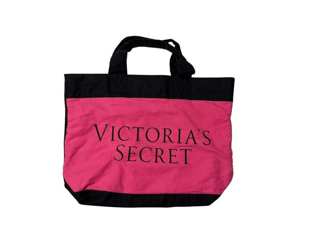 Victoria's Secret Pink and Black Canvas Tote Bag Large Shopper Beach Travel